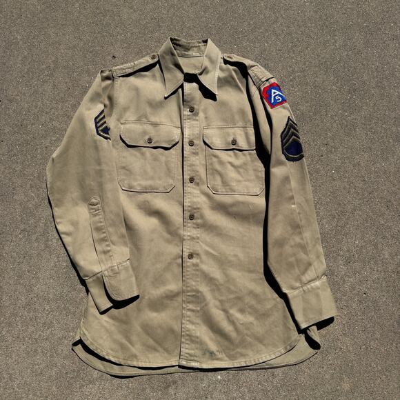 Vintage 1950's U.S. Army Cotton Khaki Button Up Long Sleeve Field Shirt Sz M - Picture 1 of 6